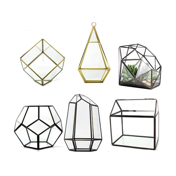 Decor Gold Black Terrarium Vase Container,wholesale Brass Terrarium Glass Geometric Tabletop Vase Wedding Geometric or Custom