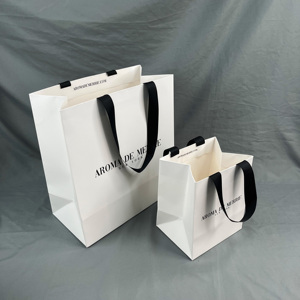 Custom White Paper Shopping Bags with <b>Black</b> Logo Print - Luxury Matte Paper Bags with <b>Black</b> Ribbon Handles for Party - Product Image 4