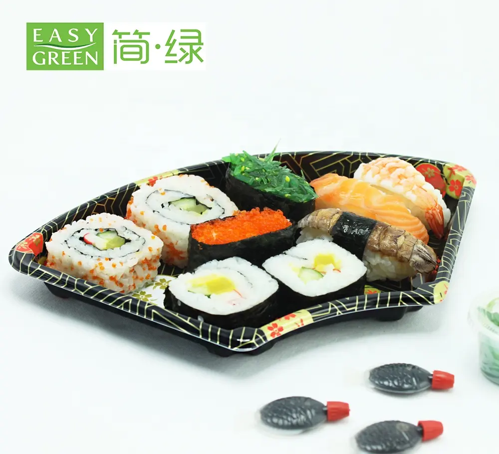 Plateau à Sushi en forme d'éventail HP-08, plateau jetable PS en plastique avec couvercle, ustensile à emporter, nouveau Design