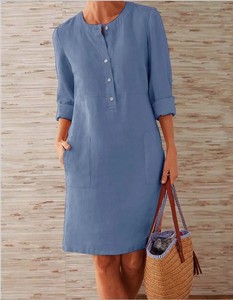 Abito da Donna in <span class=keywords><strong>Cotone</strong></span> <span class=keywords><strong>e</strong></span> <span class=keywords><strong>Lino</strong></span>, Taglia S-5XL, Collo Tondo, Bottoni, Tinta Unita, Stile Casual Semplice - Product Image 4