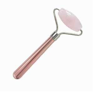 Rouleau de beauté pour le soin du visage et des yeux en jade naturel et quartz rose avec poignée en métal - Product Image 1
