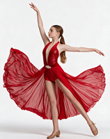 Robe de danse lyrique pour filles en velours et spandex, rouge, avec paillettes et strass, fente haute, jupe longue, costume de scène pour compétition
