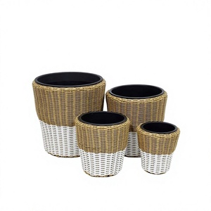 New Design Minimalist Hand Carved Iron PVC Cord Woven Round <b>Plant</b> <b>Pot</b> Set of 4 with Removable Liner for Floor Use - Product Image 1