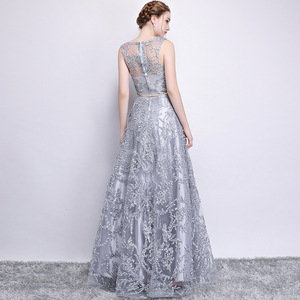 Elegant A-Line Evening Dress Grey Organza Floral Print Scoop Neck Long Hostess Dress 3D Stereoscopic Patterns Natural Waistline - Product Image 4