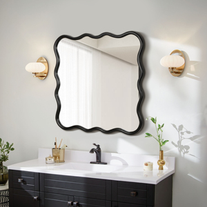 Solid Wood Wavy <b>Square</b> <b>Mirror</b> Black 36 x 36 Modern Wall Decor for Bathroom Bedroom Living Room Dining Room - Product Image 1