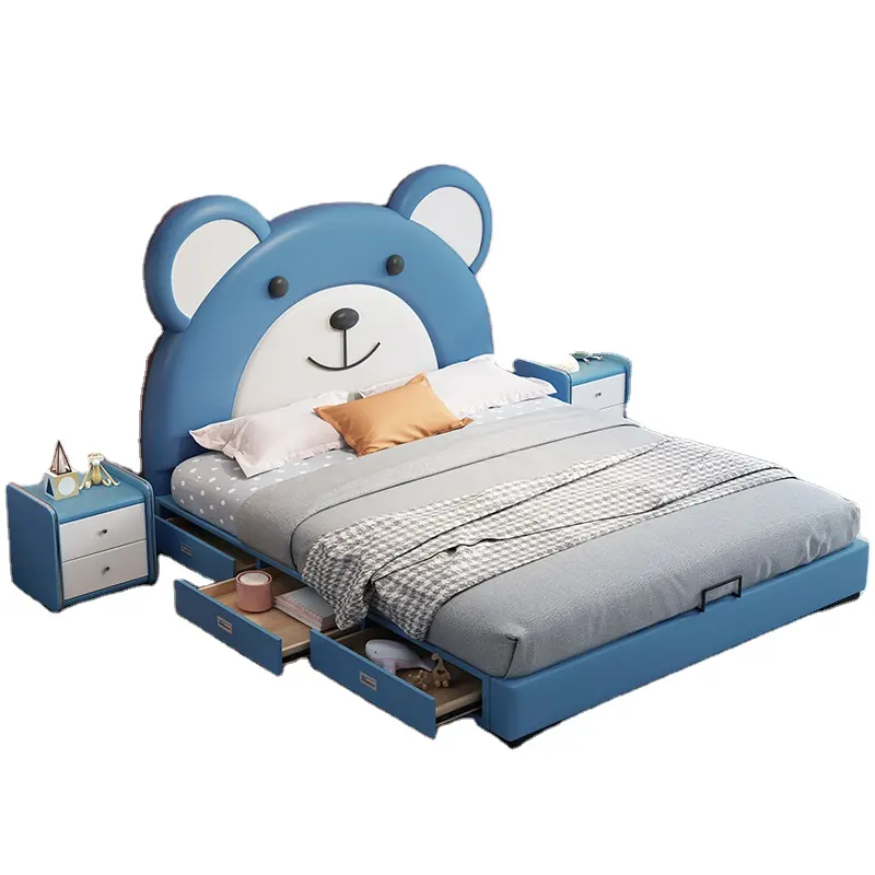 Lit pour enfants, design ours en bois massif, joli, simple, meuble de chambre à coucher, cadre en bois massif, avec armoire de rangement
