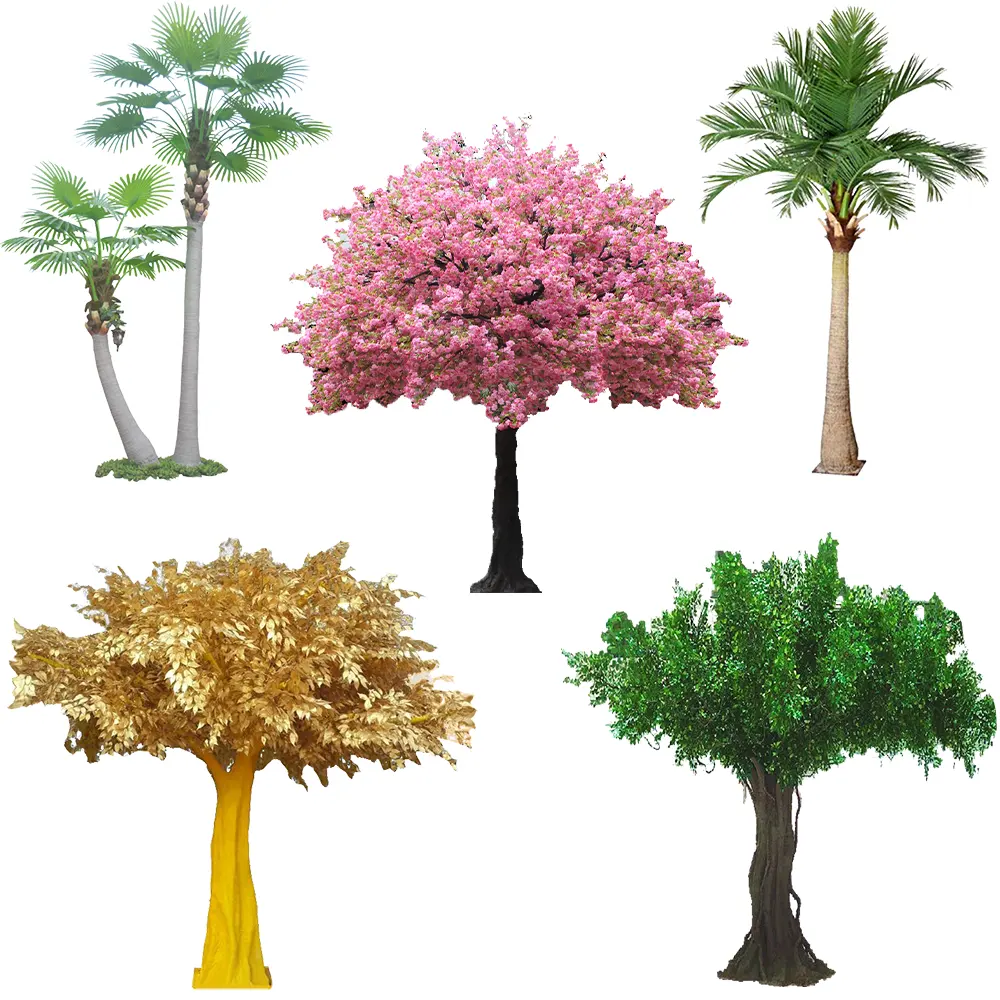 Fire Proof Anti UV Home Garden Decor Plastic Ornamental Trees Palm Artificial Cherry Blossom Tree Large Oak Maple Banyan Tree