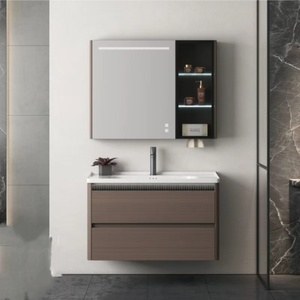 Meuble de salle de bain moderne en PVC, entièrement étanche, structure stable, avec miroir LED et lavabo en céramique - Product Image 6