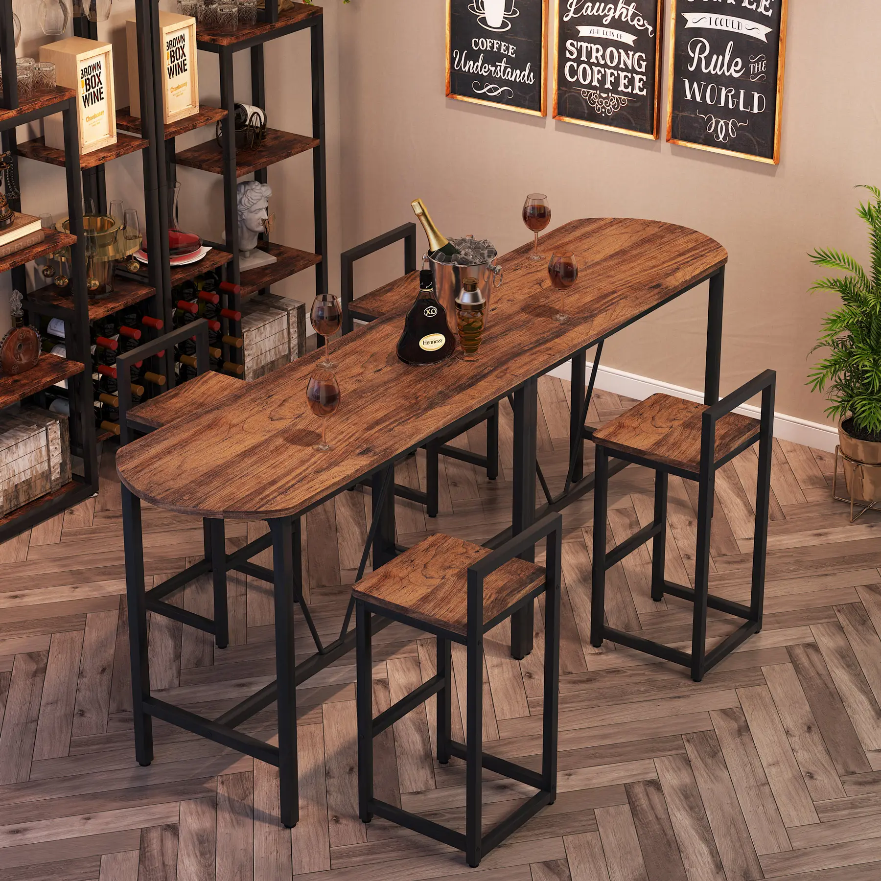 Tribedesigns 3-teilig rustikale braune Holz-Coffee Bar Stühle Cocktail-Tische Theke Hocker Esstisch-Sets Metall-Restauranttische