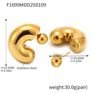 Pendientes de Aro en Forma de C de Acero Inoxidable con Dije de Bola, Chapados en Oro y Plata, Pendientes Gruesos de Moda para Mujeres y Niñas - Product Image 3