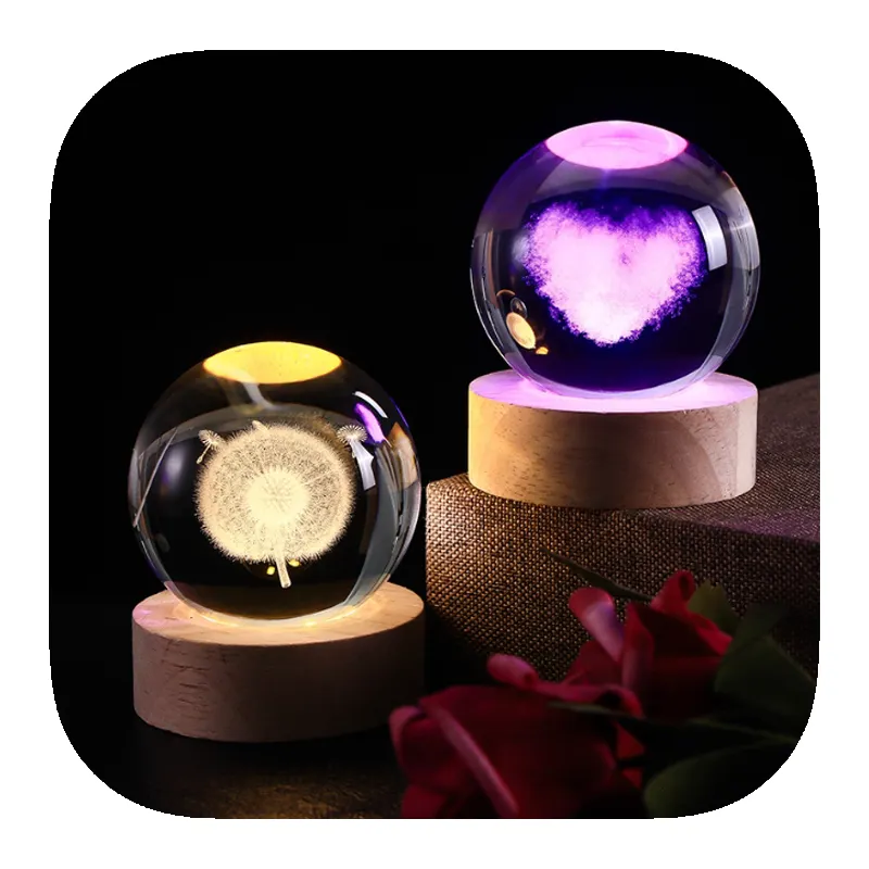 Nuevo producto Venta de luces de Planeta de cristal con fondo de madera 3D Galaxi Moon Night Lights para regalos con superventas de fábrica