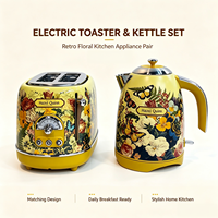 Ensemble grille-pain et bouilloire électrique 2 tranches, design rétro floral, acier inoxydable, 1800W, ébullition rapide, pour la cuisine et le petit-déjeuner à domicile
