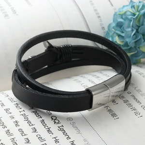 Anchor <b>Leather</b> <b>Bracelet</b> Black Stainless Steel Men's Gift Jewelry - Product Image 2