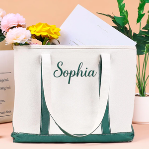 Grand sac cabas en toile de coton avec logo personnalisé pour femmes, épaule brodée zippée, plage, week-end, shopping, hiver, portable, été, automne - Product Image 4