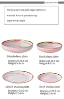 Assiette à dîner en céramique marbre nordique avec bord doré, ensemble de bols roses, vaisselle de luxe à rebord doré pour la maison, compatible micro-ondes