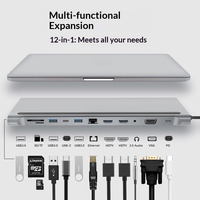 Station d'accueil 12 en 1, double port, Ethernet Gigabit, support pour ordinateur portable, hub d'extension multifonction Type C