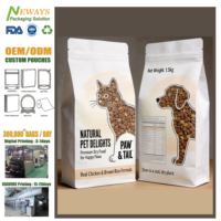 Sachets biodégradables en papier kraft personnalisés à huit soudures latérales, avec fond plat et fenêtre transparente, pour l'emballage d'aliments pour animaux de compagnie (chiens et chats)