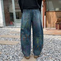 Jean Américain Rétro Personnalisé avec Motifs Graffiti Peints, Tendance, Décontracté, Coupe Droite et Évasée