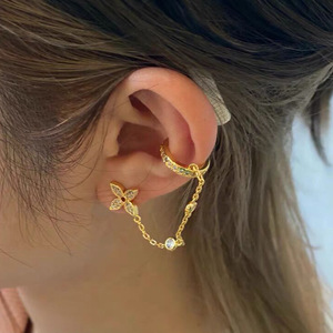 Golden Four Leaf Clover Chain Ear Cuff <b>Stud</b> <b>Earrings</b> For Women Fashionable Zinc Alloy <b>Earring</b> Jewelry Accessory - Product Image 1