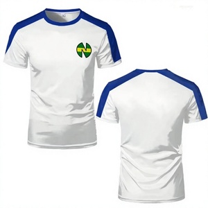 Camiseta Blanca con Mangas Raglán Azules, Logotipo Verde y Amarillo, Transpirable, de Poliéster, para Hombre, Talla Adulto, Servicio OEM, BLOODLINE - Product Image 1