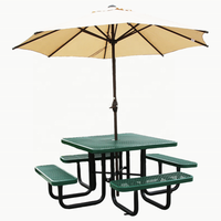 Mobilier d'extérieur commercial Table de pique-nique carrée en acier de 46 pouces avec banc Chaise de table à manger en métal pour l'extérieur Restaurant Jardin Patio