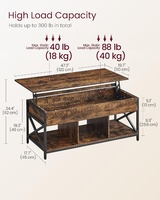 Table basse relevable avec compartiment de rangement caché et étagère inférieure, table basse en bois rustique et industriel pour salon