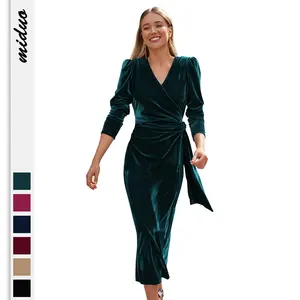 Elegante veludo manga comprida envoltório V pescoço Ruched Cocktail Party vestido Maxi feminino