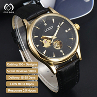 Montre mécanique automatique pour homme, boîtier en acier inoxydable décontracté personnalisé, cadran à aiguilles, bracelet en cuir, résistance à l'eau 10 bars, design creux