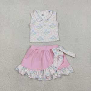 Conjunto de Falda sin Mangas para Niña, Modelo GSD3478 rts Little Active Girl, Estampado de Flores Rosa y Azul, Venta al Por Mayor - Product Image 1