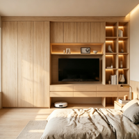 Armoire modulaire en bois massif sur mesure avec coiffeuse intégrée et miroir, design moderne pour hôtel et chambre à coucher