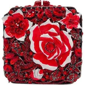 กระเป๋าคลัทช์ผู้หญิงประดับเพชร กระเป๋าทรงสี่เหลี่ยมสำหรับงานกลางคืน ซับในผ้าซาติน หนังไมโครไฟเบอร์สังเคราะห์ สีแดง - Product Image 1