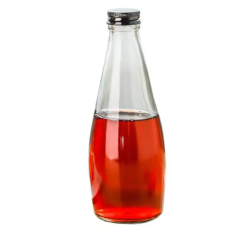 Fabriqué en Chine en gros 200ml 330ml Bouteille de jus de boisson ronde vide en verre avec couvercle en métal