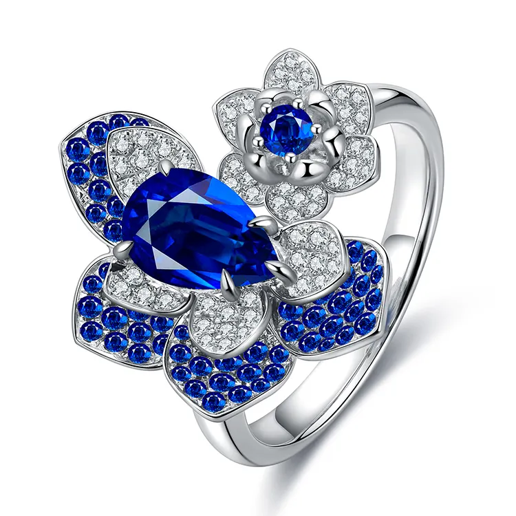 Anello in oro bianco puro 9K/14K/18K Pave Flower Lab Grown Blue Sapphire Stone anello di fidanzamento