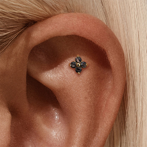 Boucles d'oreilles pendantes en argent S925 avec diamant et fleur à 5 pétales en quartz rutilé noir, filetées en or 1,2x6mm, bijoux de corps - Product Image 4