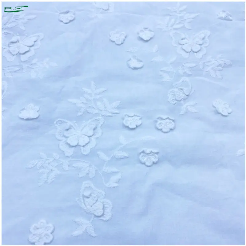 Telas bordadas 3D de gasa de algodón 100% florales blancas de alta calidad al por mayor para ropa