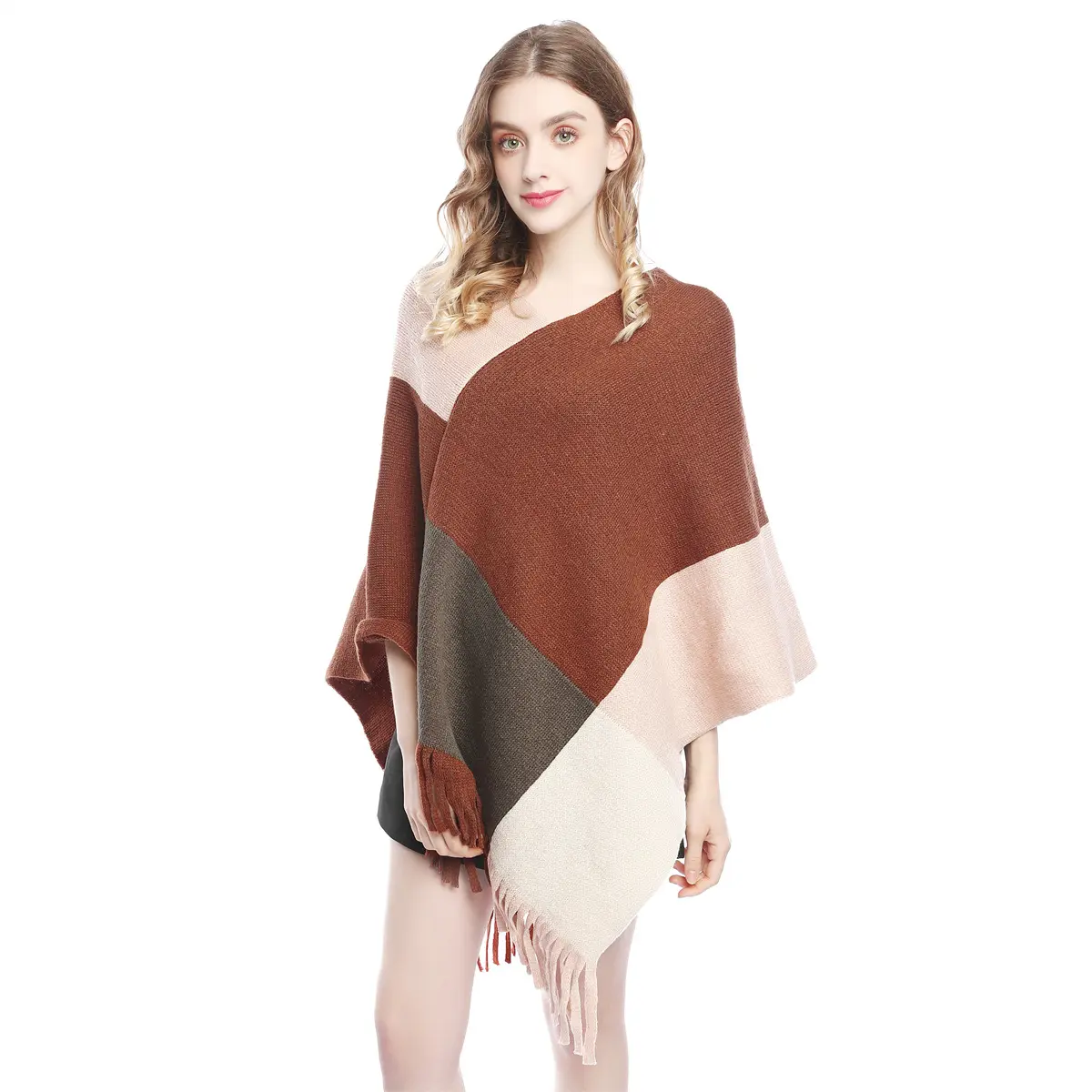 Bán buôn New Phong cách thời trang khâu phụ nữ CAPE Khăn Choàng Áo ấm áo len sọc của phụ nữ Shawl cape