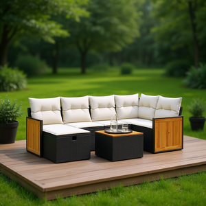 Ensemble de canapés de jardin noir et crème en rotin PE, mobilier d'extérieur imperméable au design contemporain - Product Image 2