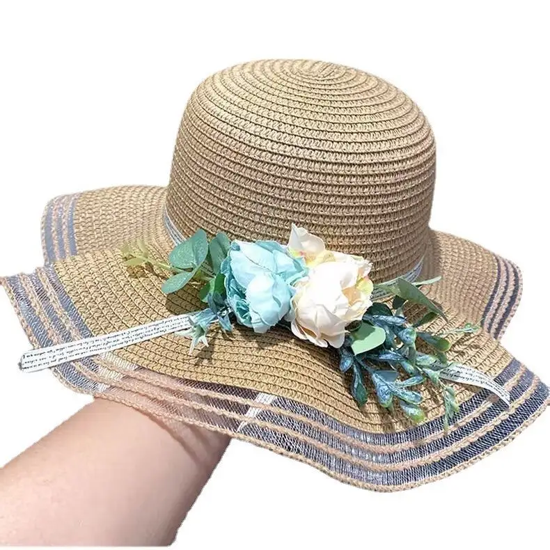 New Korean-Style All-Season Silk Lace Flower Straw Hat with Cotton Sweatband Summer Sunscreen and Beach-Ready Knitted Pattern