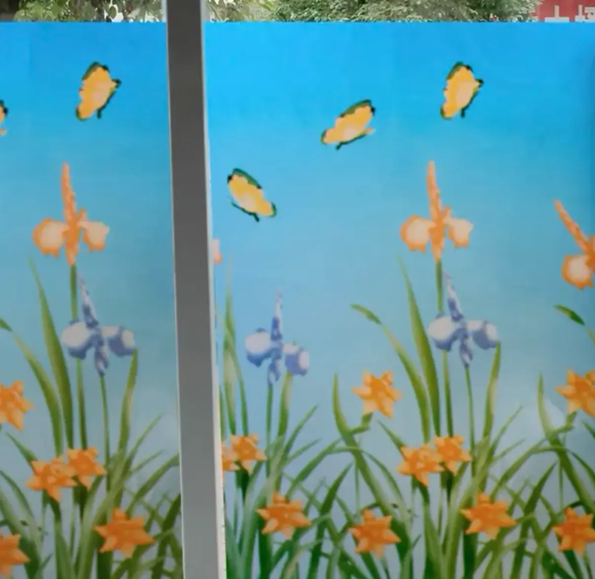 Film jendela dekoratif kupu-kupu bunga kuning film kaca film PVC buram pabrik gulungan besar 0.9*50m