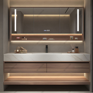 Meuble de salle de bain suspendu avec bassin intégré en pierre et miroir de maquillage <span class=keywords><strong>LED</strong></span> - Product Image 2