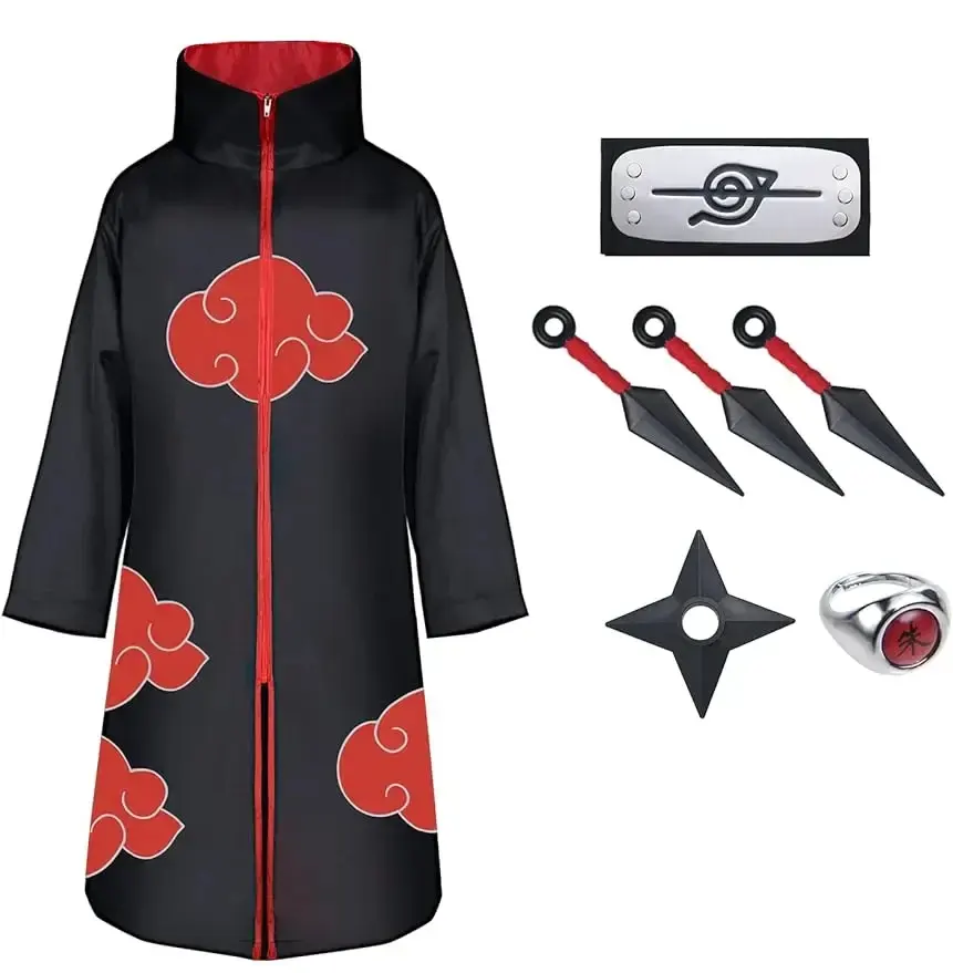 36-Stile Hokage Kakashi Akatsuki Rotes Wolken-Geschenk Anime Kimono Cosplay Kostüm Zubehör Ringe Katana Umhang Kopfbänder Kunai