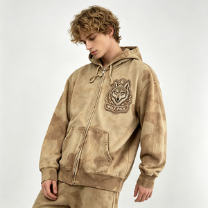 Felpa con cappuccio pesante mimetica con zip, grafica Wolf Pack, effetto distressed, streetwear, da uomo, lavaggio vintage, in cotone felpato, giacca di marca, top - Product Image 3