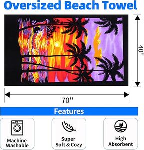 Telo Mare Oversize in Microfibra Anti-Sabbia ad Asciugatura Rapida con Stampa Tramonto e Palme Tropicali, Personalizzabile per Viaggi, Piscina e Spiaggia - Product Image 2