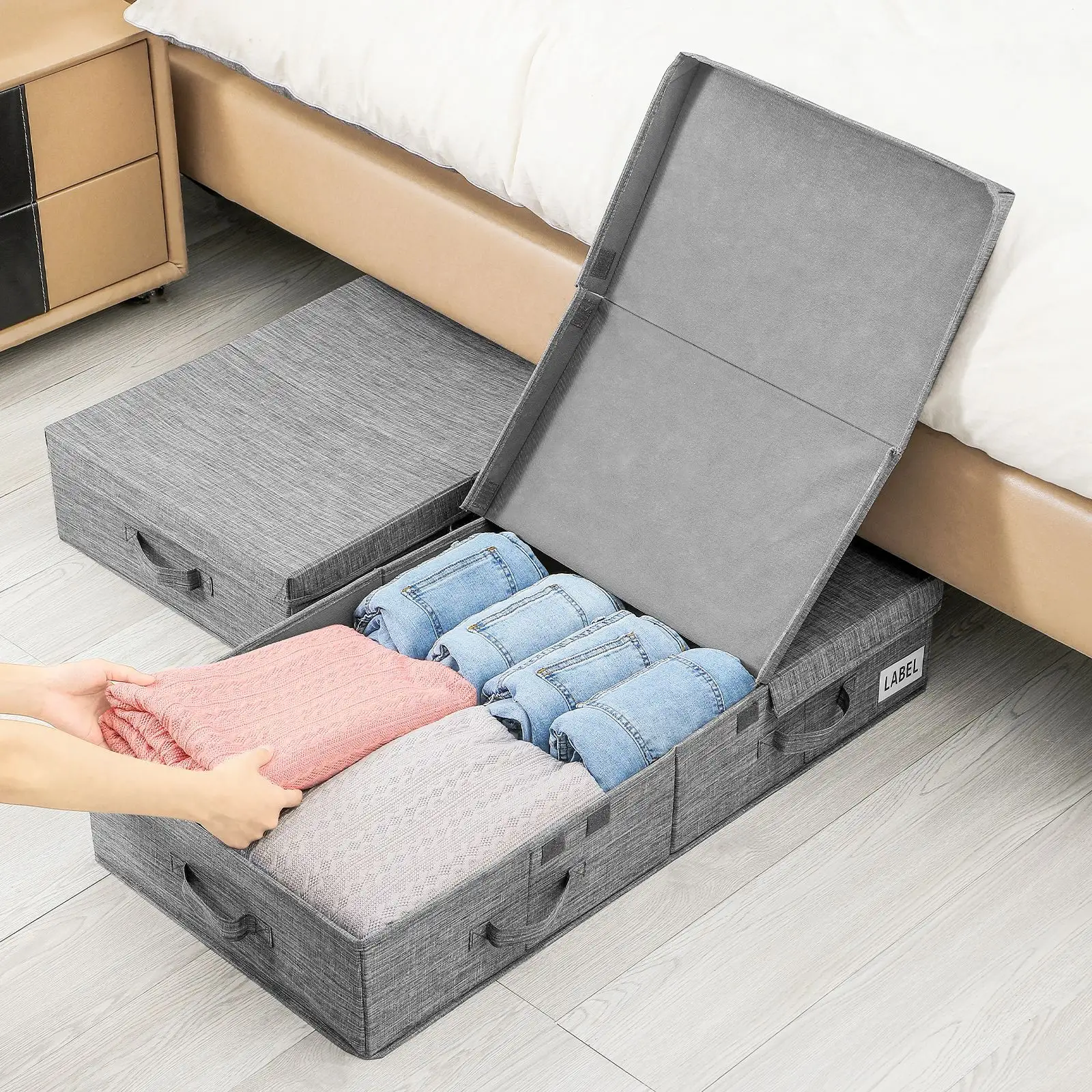 बिस्तर के निचले हिस्से पर कवर के साथ कपड़े भंडारण बॉक्स, कंबल रखने के लिए फोल्डेबल अलमारी, खिलौने कपड़े भंडारण बॉक्स