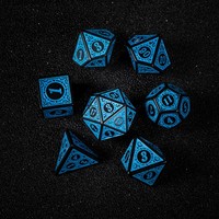 Vente en gros de dés polyédriques en acrylique à motif rétro noir et bleu gravés sur mesure, 7 pièces, pour jeux de table DND MTG