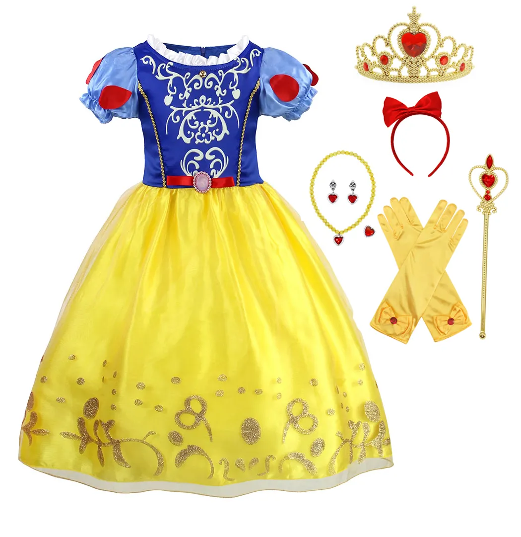 Girls Snow White Dress Kids Birthday Halloween Carnival Cosplay Princess Costume Children Short Puff Sleeve Mesh Tulle Dresses