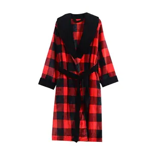 small MOQ ready stock luxury turndown collar red black plaid girls soft bathrobe woman