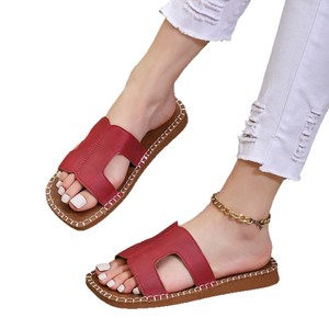 ashion Fashion Outgoing Soft Leather Comfortable Flat Womens Slippers Massage Bottom Hollow Simple Beach <b>Cool</b> Slippers231 231 - Product Image 1