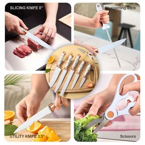 ชุดมีดครัว 9 ชิ้น ลายหินอ่อน ด้ามจับสแตนเลส สำหรับหั่นเนื้อ หั่นขนมปัง ปอกเปลือก และมีดเชฟ พร้อมแท่นอะคริลิคหมุนได้ - Product Image 5