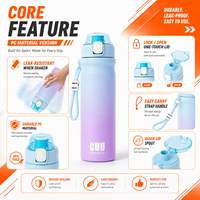 Bouteille d'eau PC en gros 600ml 750ml, gourde sportive ombrée avec bouton poussoir, couvercle anti-poussière et sangle de transport pour cadeaux scolaires et événements